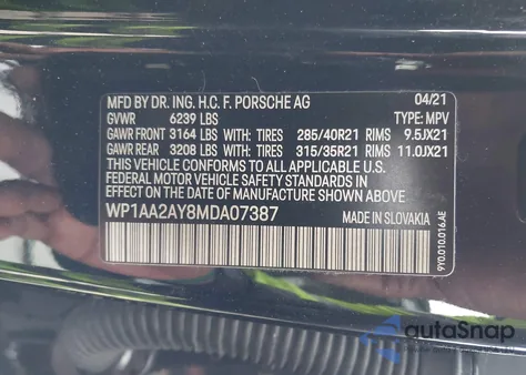 2021 Porsche Cayenne из США, поврежденный, VIN WP1AA2AY8MDA07387